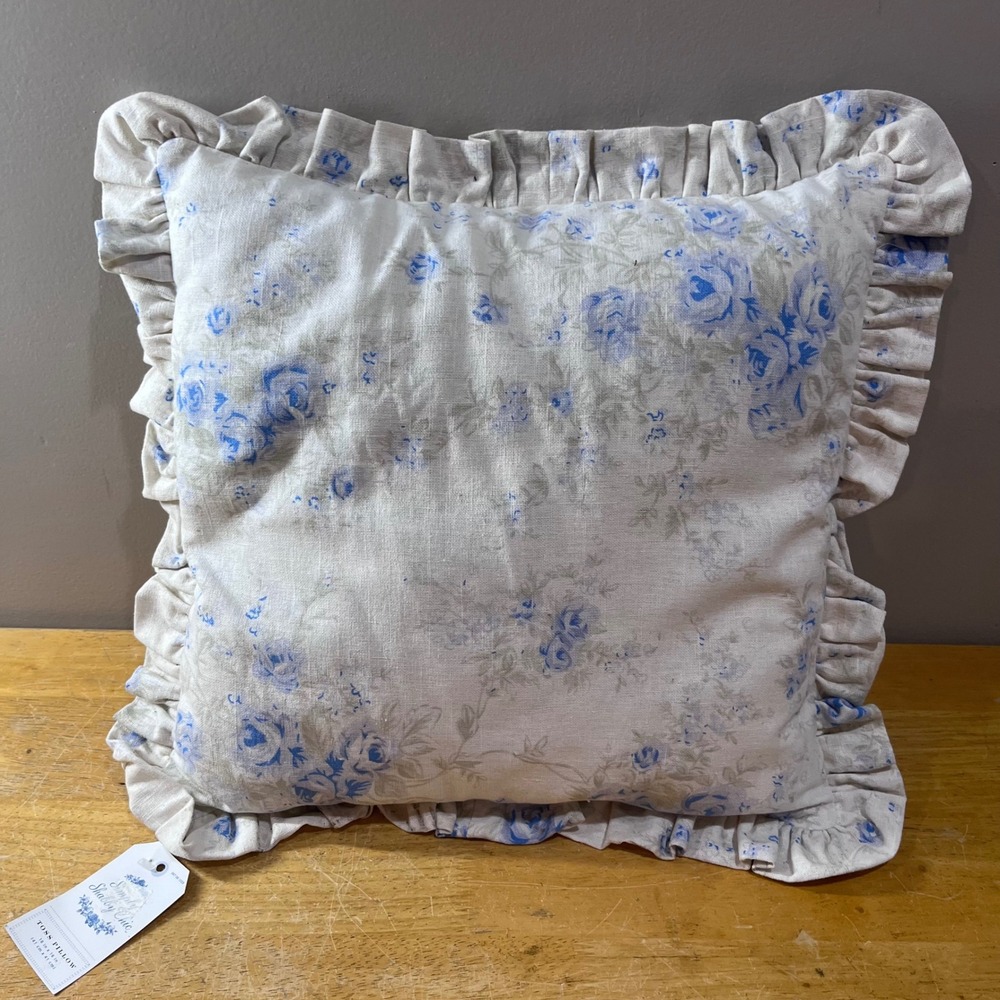 Simply Shabby Chic Blue Floral Rose Ruffle Linen Toss Pillow 16x16 Vtg 2003 NEW